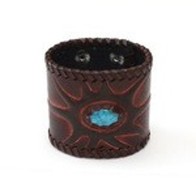 Bracelet cuir chevalier marron unisexe avec soleil turquoise idéal pour homme et femme