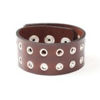 Brazalete de cuero orgánico unisex marrón doble perforado con acero inoxidable ideal para hombres y mujeres