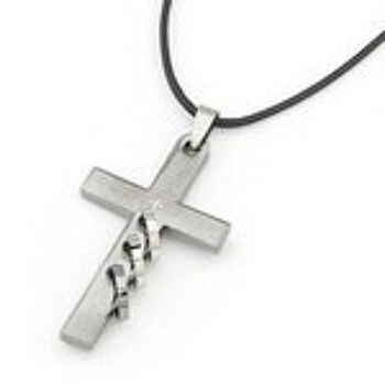 Écritures en acier inoxydable croix avec collier pendentif triple anneau avec corde de chanvre 1