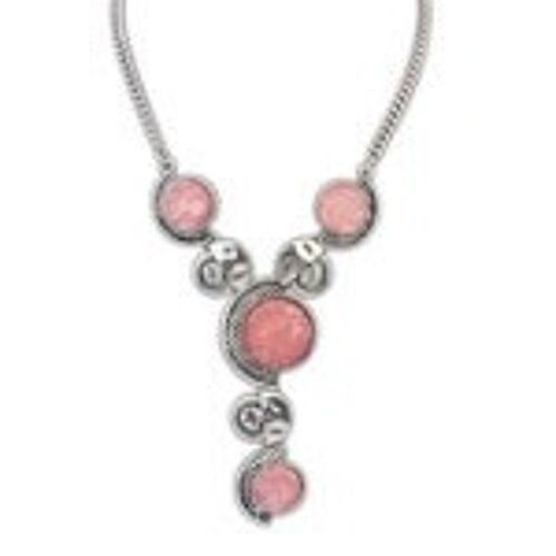 Antique Silver Tone necklace with pink circle pendant retro punk style