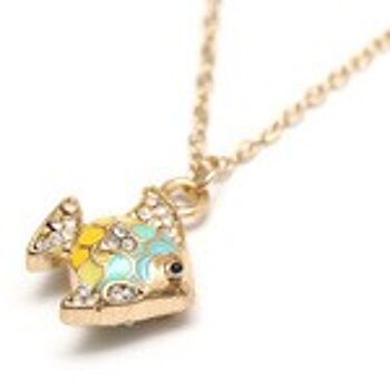 Pendentif poisson en émail jaune et bleu doré avec collier clouté en strass style vintage 1