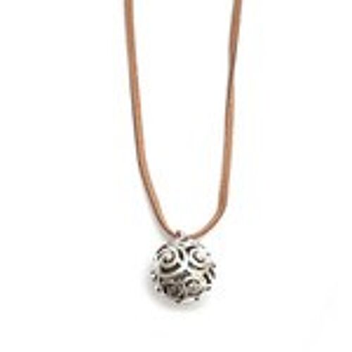 Fashion Tibetan Style Silver-tone Ornate Swirl Ball Pendant Necklace with Brown Faux Suede Cord and Alloy Lobster Claw Clasp