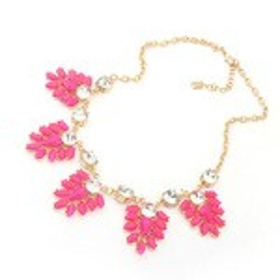 Pink leaf and rhinestone necklace with gold-tone chain