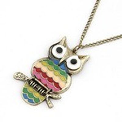 Vintage Multi-color epoxy covering owl sweater chain necklace