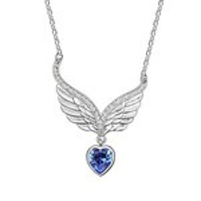 Gold-plated angel wing with blue Swarovski Elements Crystal heart pendant necklace