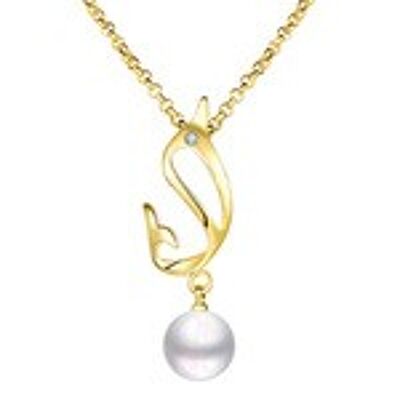Collar con colgante de delfín chapado en oro de 18 quilates con circonitas y perlas de imitación.