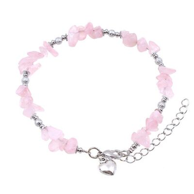 Schöne Rosenquarz-Edelsteinsplitter mit silberfarbenen Perlen und Herzanhänger-Fußkettchen