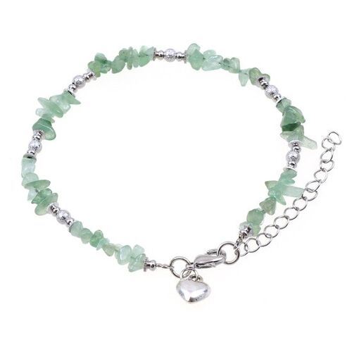 Lovely green Aventurine gemstone chips with silver-tone beads and heart charm anklet