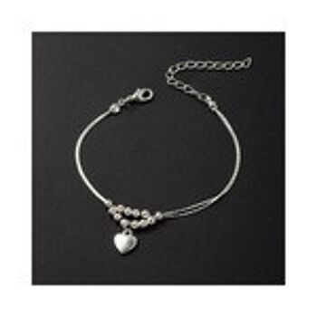 Ravissant bracelet de cheville à deux rangs avec perles argentées et breloque cœur 1