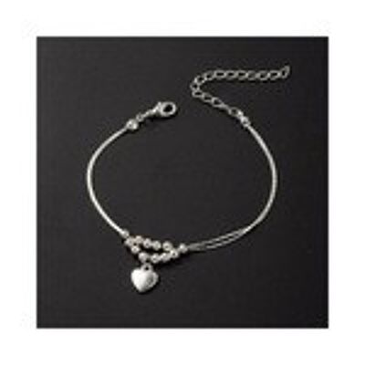 Ravissant bracelet de cheville à deux rangs avec perles argentées et breloque cœur