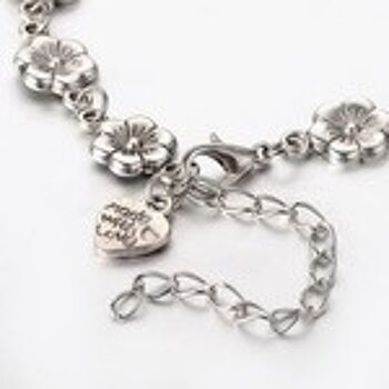 Bracelet de cheville à fleurs et cœur en métal argenté vieilli 3