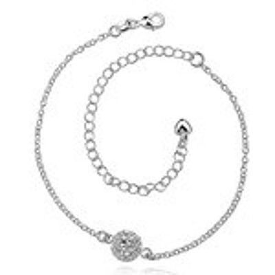Pretty clear round cubic zirconia crystal with heart charm silver plated chain anklet