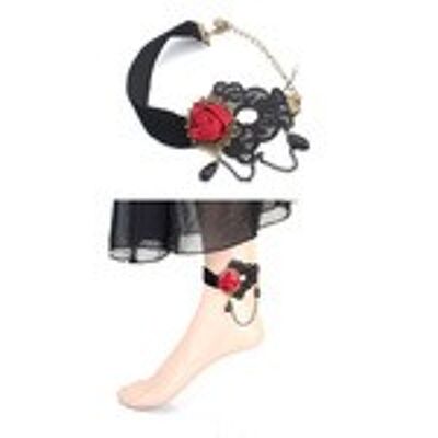 Dentelle noire de style gothique vintage avec bracelet de cheville ajustable à fleurs rouges