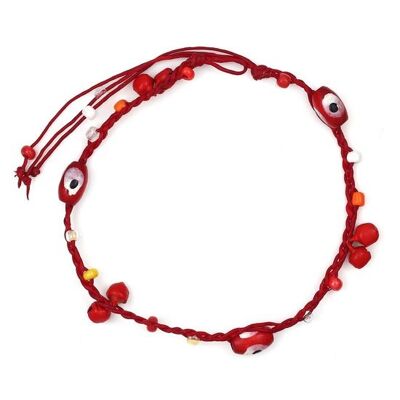 Perles en bois rouge faites à la main et cordon de cheville en cire de cloches