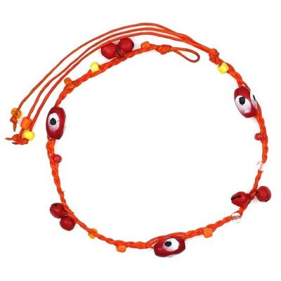 Cavigliera in cordoncino di cera arancione fatta a mano con perline e campane di legno rosse