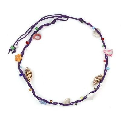 Handmade Shells with Multicoloured Beads Purple Wax Cord Anklet