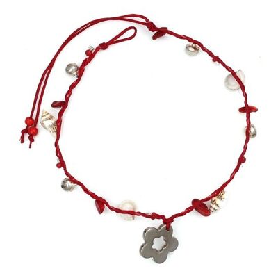 Pierres rouges et coquillages faits à la main avec bracelet de cheville en cordon ciré avec breloque fleur