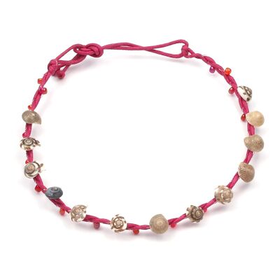 Bracelet de cheville en perles de rocaille rouges faites à la main avec coquillages et cordon de cire avec fermeture à nouer ajustable
