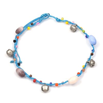Handmade oval tube and seed beads with bells blue wax cord anklet with adjustable tie closure