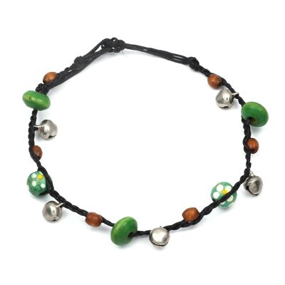 Perles en bois vertes faites à la main avec des cloches bracelet de cheville en cordon de cire noire avec fermeture à nouer réglable
