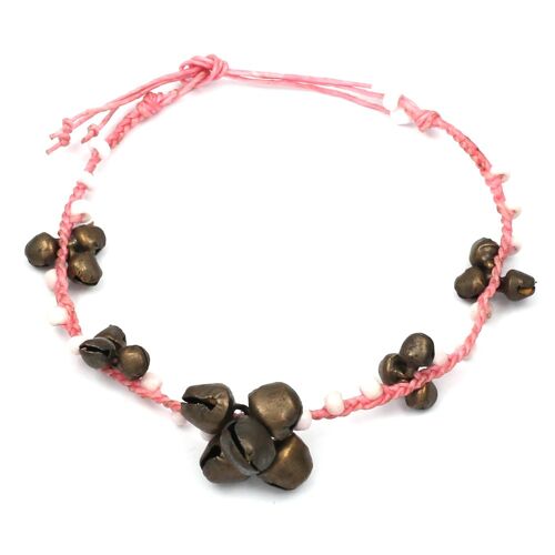 Handmade white beads with bells pink wax cord anklet with adjustable tie closure