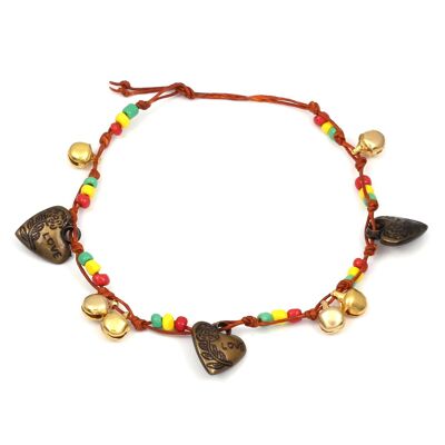 Handmade rasta style beads with bells and Love Heart brown wax cord anklet with adjustable tie closure