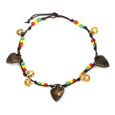 Perles de style rasta faites à la main avec cloches et bracelet de cheville en cordon de cire Love Heart avec fermeture à nouer réglable