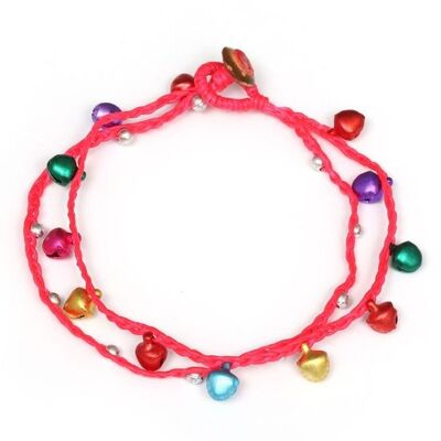 Bracelet de cheville cordon ciré rose fait main double rang grelot multicolore et perle argentée