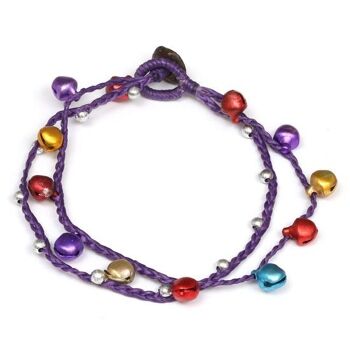 Bracelet de cheville cordon ciré violet fait main double rang grelot multicolore et perle argentée