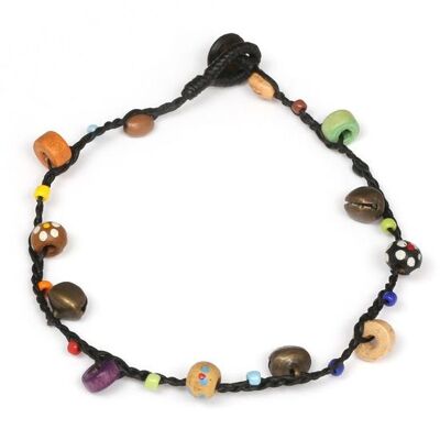 Perline colorate fatte a mano in legno e semi con cavigliera in cordoncino di cera campana