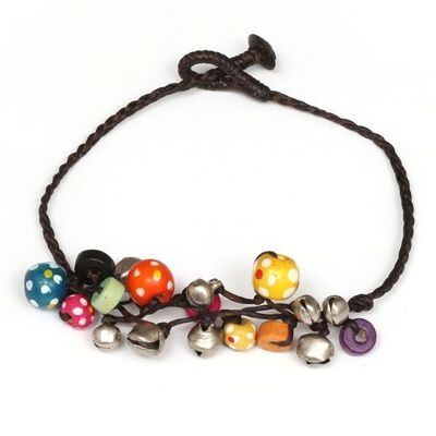Handmade colourful wooden bead with bell wax cord anklet