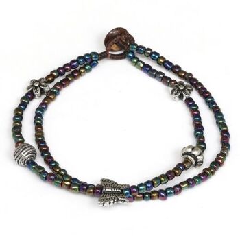 Perle de rocaille bleue à double brin faite à la main avec bracelet de cheville en cordon de cire à breloque papillon et fleur