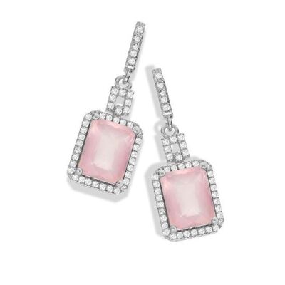 Aretes colgantes con centro de cuarzo rosa y micro pavé de circonitas cúbicas