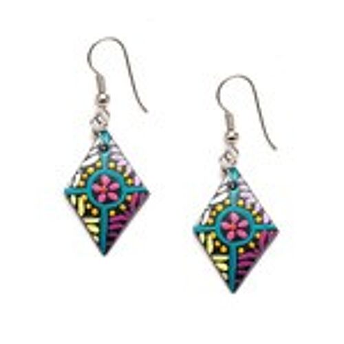 Hand painted vibrant wild flowers diamond shape coconut shell drop earrings