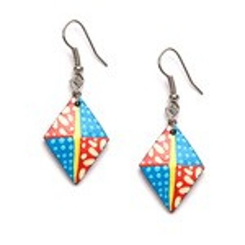 Diamond-shaped Red/Blue Quartered Coconut Drop Earrings