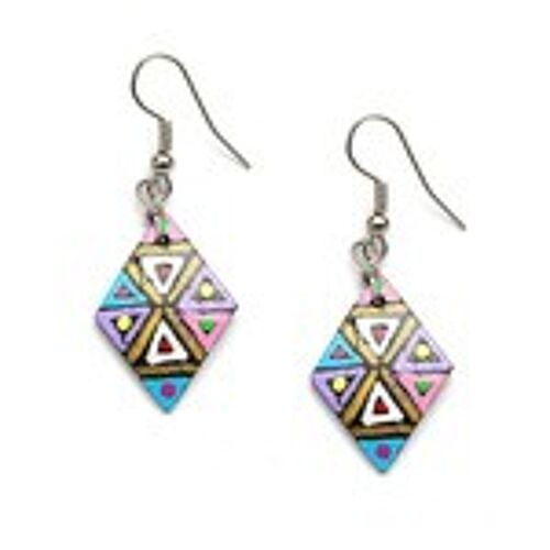 Hand painted vibrant triangle and spots diamond shape coconut shell drop earrings