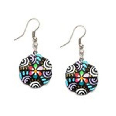 Hand painted vibrant flower and swirly sun coconut shell drop earrings