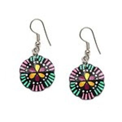 Hand painted vibrant two tone flower coconut shell drop earrings