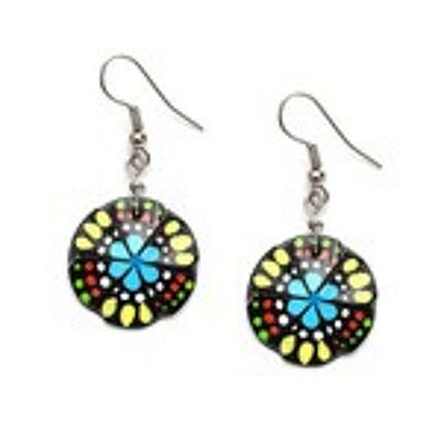 Hand painted vibrant tropical blue flower coconut shell drop earrings