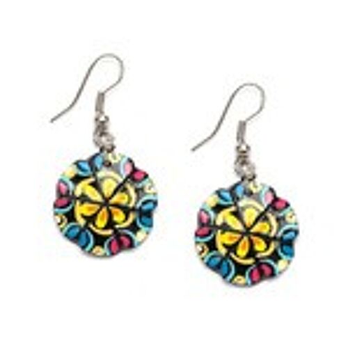 Hand painted vibrant tropical flower coconut shell drop earrings
