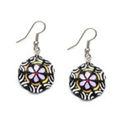 Hand painted white swirls and lilac flower coconut shell drop earrings