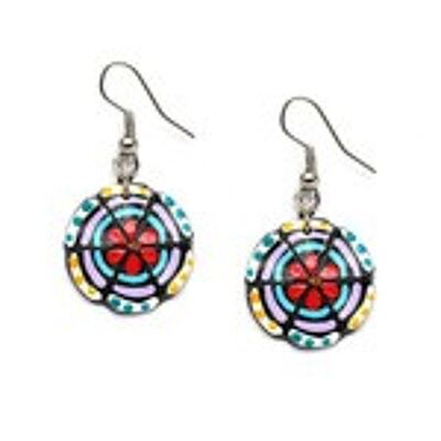 Hand painted red flower with blue and lilac radiant coconut shell drop earrings