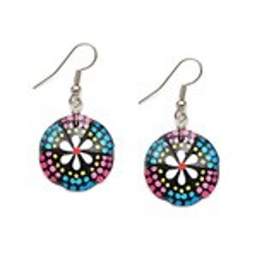 White flower with blue and pink spots coconut shell drop earrings