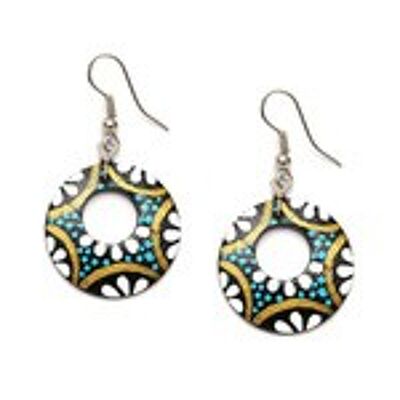 White flowers and blue spots coconut shell open hoop drop earrings