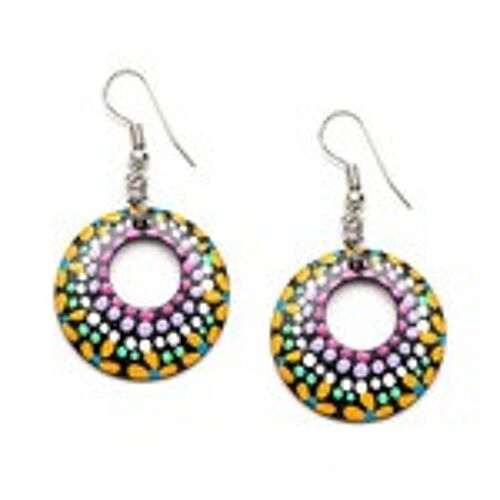 Lively orange flowers and spots coconut shell open hoop drop earrings