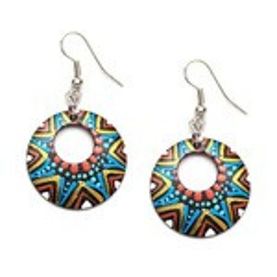 Hand painted vibrant colourful tribal inspired pattern coconut shell open hoop drop earrings