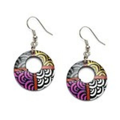 Handpainted exotic swirls coconut shell open hoop drop earrings