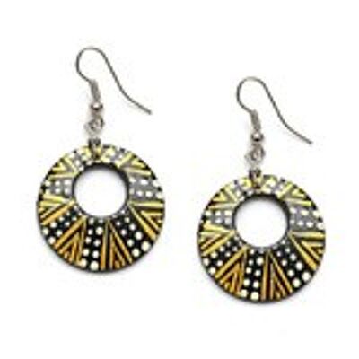Hand painted golden colour triangle with white dots coconut shell open hoop drop earrings