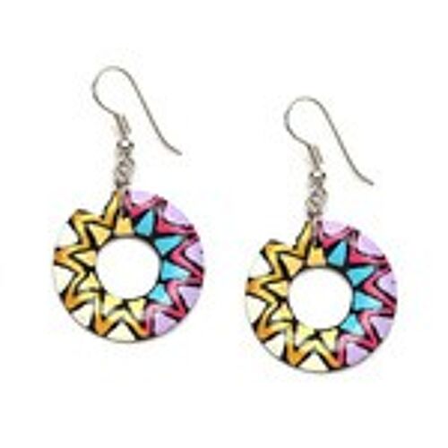 Hand painted vigorous flower coconut shell donut hoop drop earrings