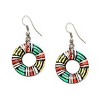 Hand painted vibrant woven lines coconut shell donut hoop drop earrings